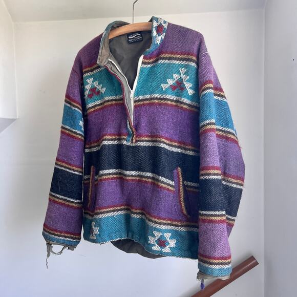 Vintage striped wool pullover hippie baja pullover sweater shacket southwestern - Picture 8 of 11